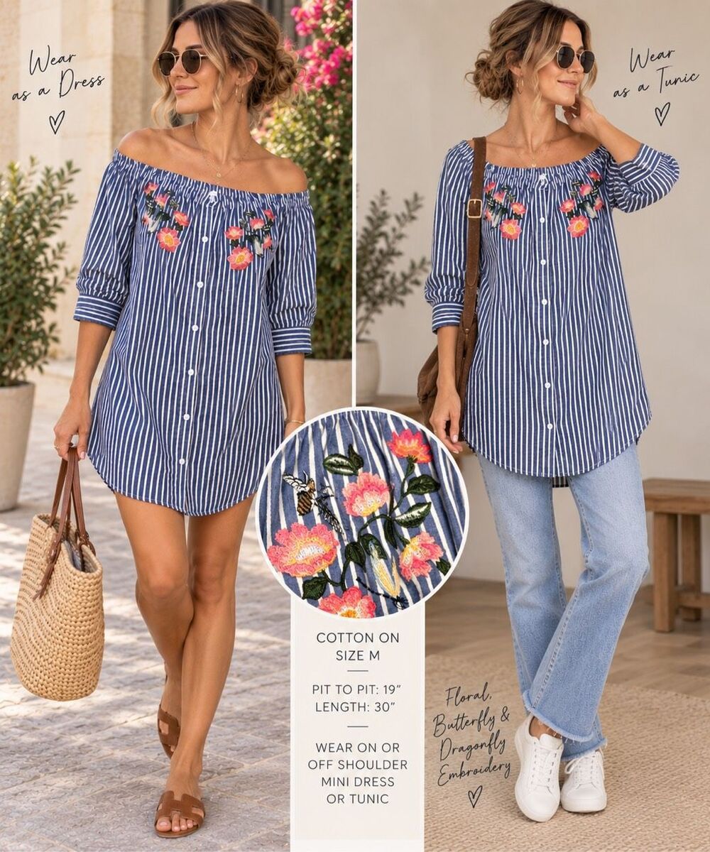 Cotton On Embroidered Striped Mini Dress Tunic Blue White Floral Butterfly Drago